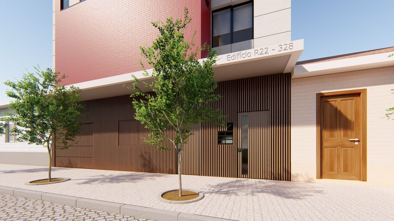 Edifício R22, em Espinho — entrada e piso térreo